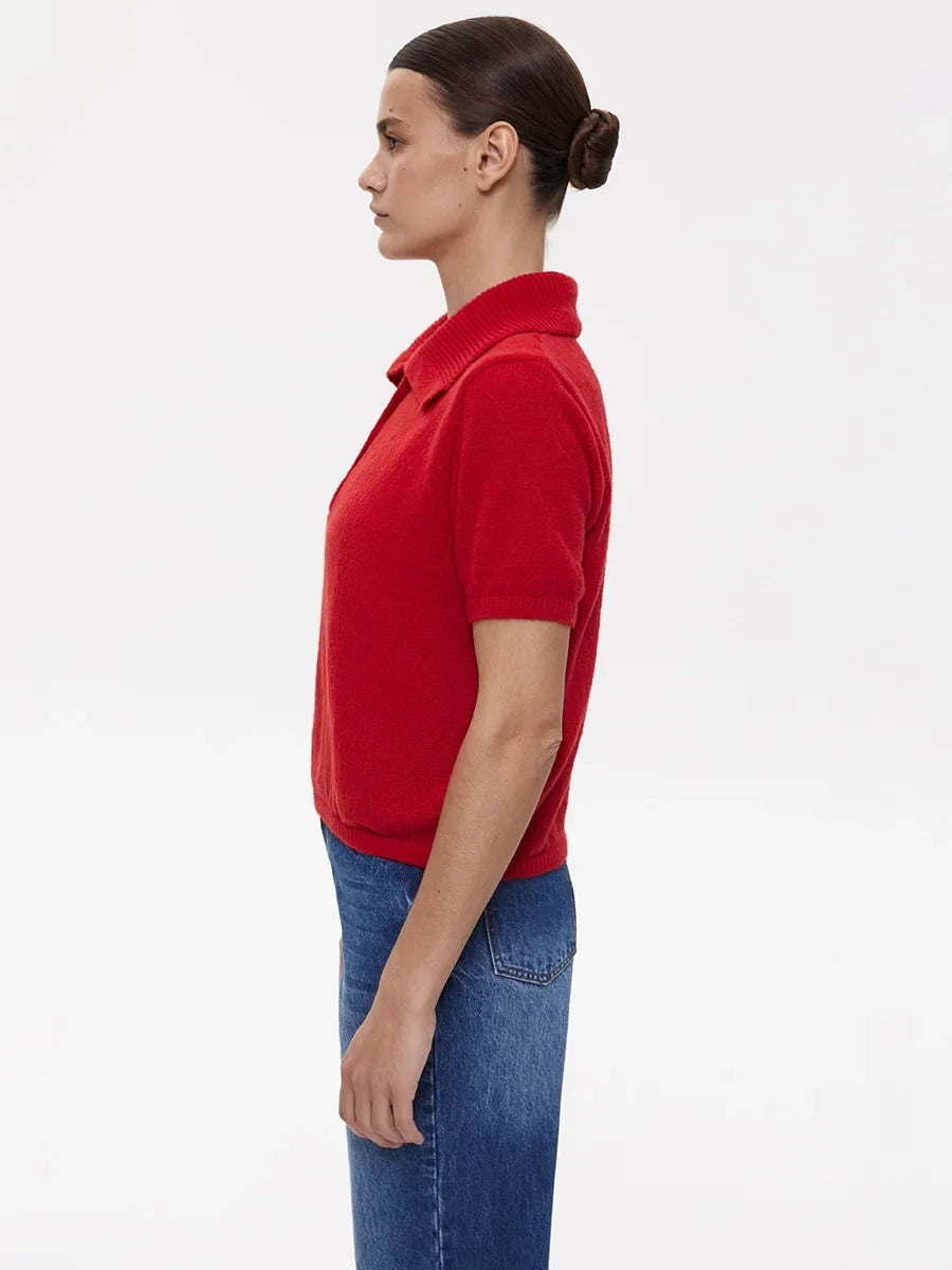 Casual Short Sleeve Knit Pullover For Women Lapel Patchwork See-Through Solid Commute Hollow Out Knitwear Sweater Pullover
