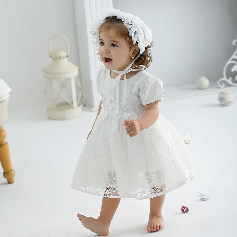 White Lace Baby Dresses + Hat For Christening 0 To 12 24 Months First Birthday Toddler Girl Clothes Infant One-piece Gown