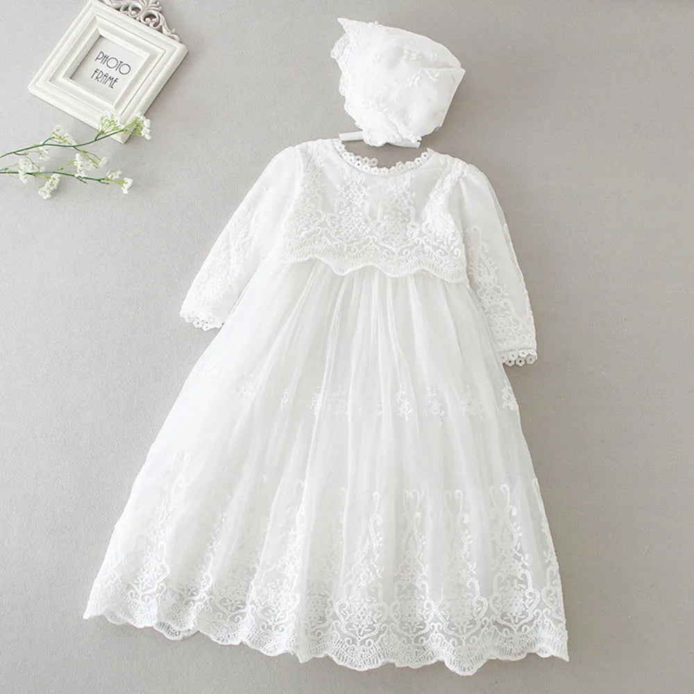 White Lace Baby Dresses + Hat For Christening 0 To 12 24 Months First Birthday Toddler Girl Clothes Infant One-piece Gown