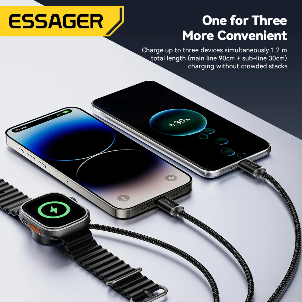 Essager 3 in 1 Multi USB A Charging Cable for Apple iWatch iPhone 16/15/14/13 Pro With USB Type C Lightning Fast Charging Cable