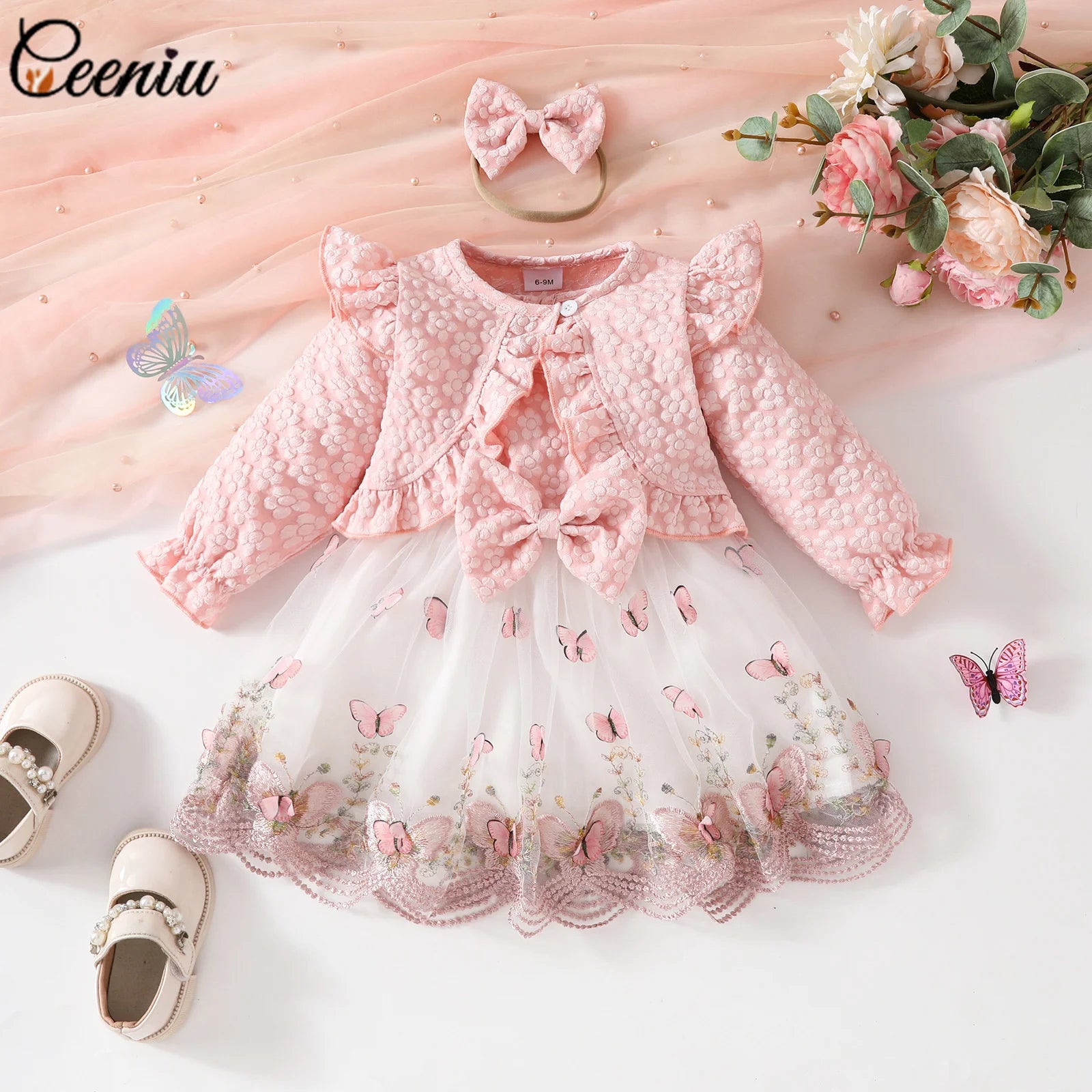 Ceeniu Baby Dresses For Birthday Long Sleeve Ruffles Bow Butterfly Party Dress For Girls 2024 Toddler Newborn Girl Clothes 2024