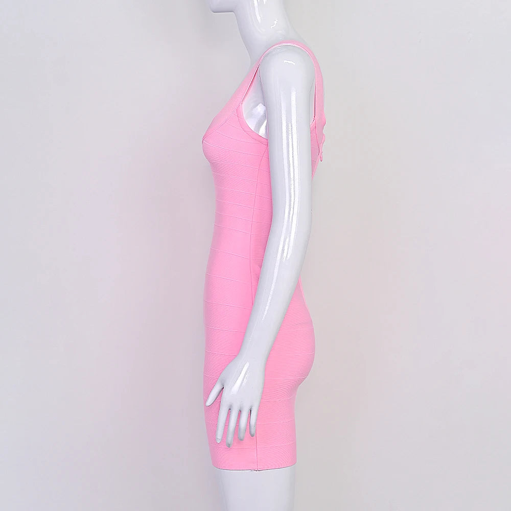 BEAUKEY New Trendy Pink Ginger Bandage Mini Party Dress Women Quality Sexy Bustier Backless Bodycon Dress Club Birthday Dress