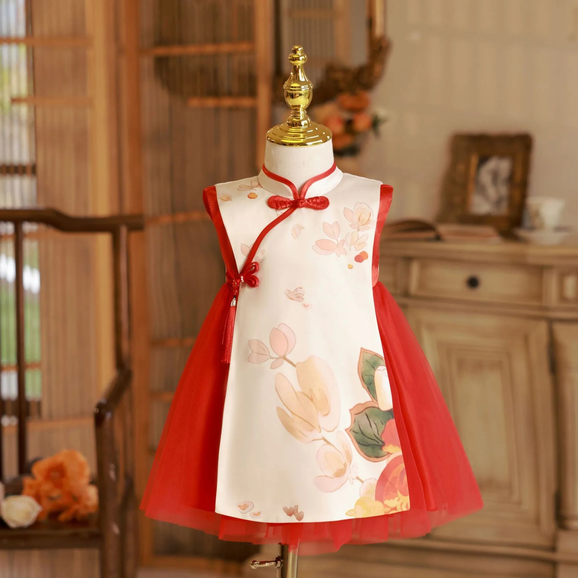 Summer Toddler Girl Clothes Chinese Style Fashion Princess Red Sleeveless Mesh Baby Dresses Luxury Birthday Kids Dress BC569