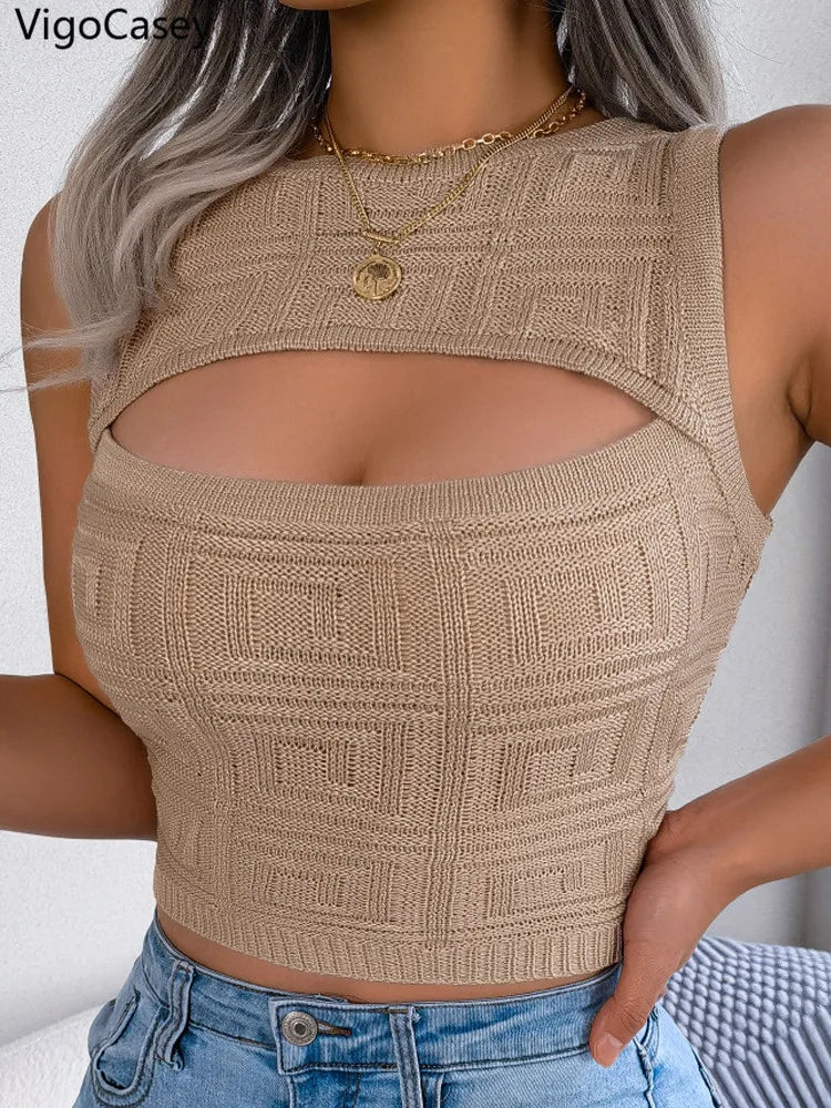 VigoCasey 2026 Summer Lady Sexy Bodycon Crop Top Women Solid Hollow Knit Vest Female Sleeveless Casual Club Short Tops Clothes