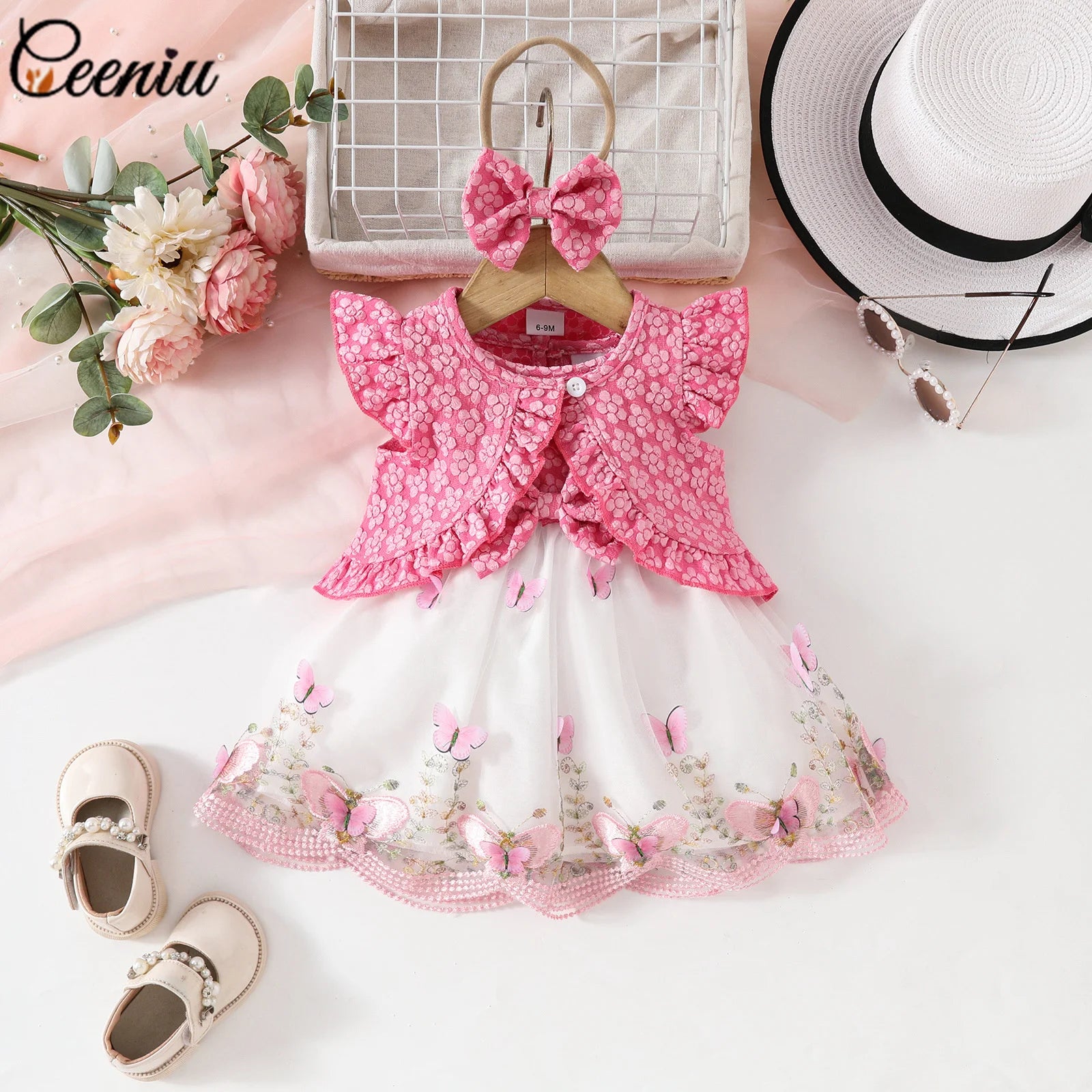 Ceeniu Baby Dresses For Birthday Long Sleeve Ruffles Bow Butterfly Party Dress For Girls 2024 Toddler Newborn Girl Clothes 2024