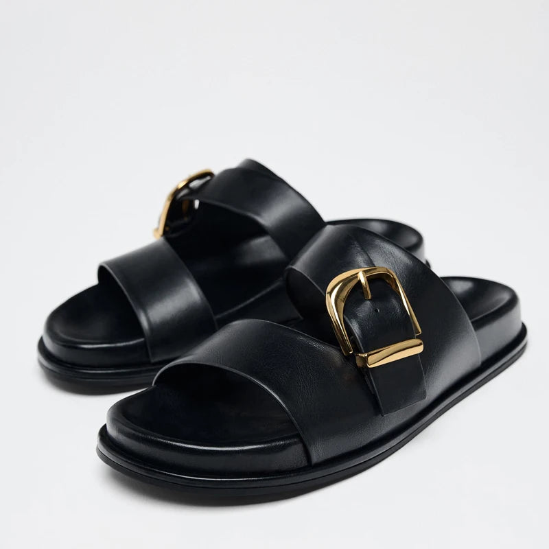 Summer New Women's Flat Bot Sandals Bla with Bule Detail Casual Thi Heel Metal Bule Slippers Faionable Casual oes