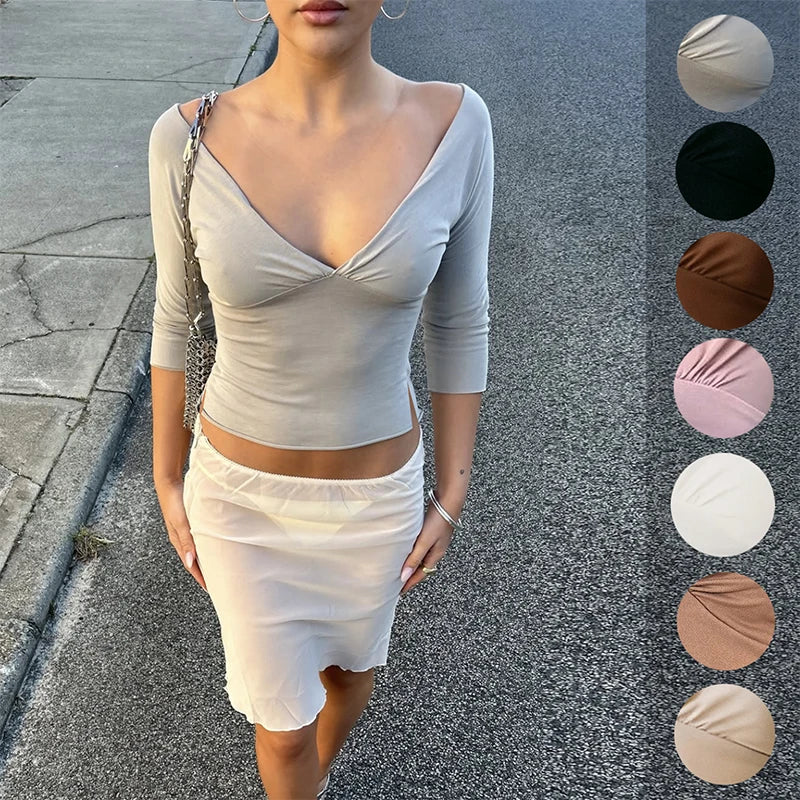 Elegant Women's Waist Cinched Solid T-shirts Slim Deep V-neck Half Sleeve Female Tops 2026 Spring Summer Lady All-match Top