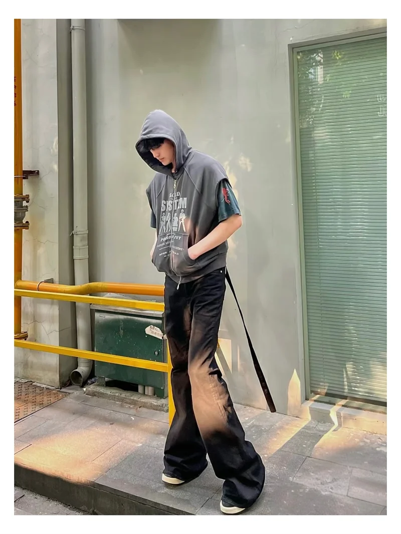High Street RO Style Denim Pants Men's 24SS Basic Elastic Black Ribbon Loose Flared Streetwear Casual Jeans Pants Men Clothing