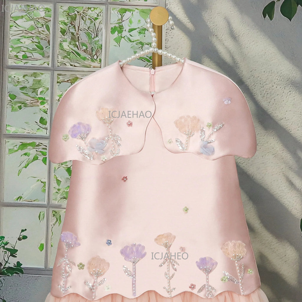 Festive Dress for Girl Baby Dresses for Eid Flowers Birthday Party Clothes Princess Formal Celebration Shawl Pink Skirt Costumes