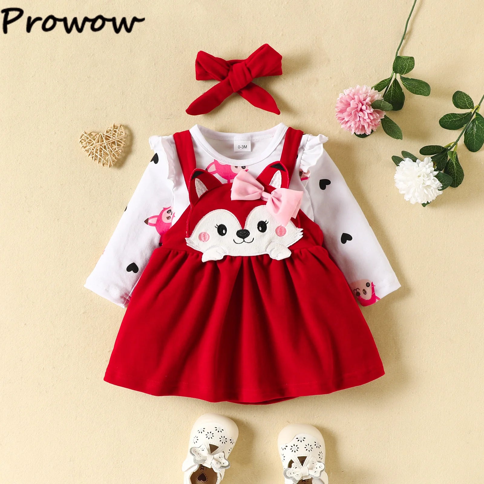 Prowow Cute Fox Baby Dresses For Girls Heart Print Romper+Suspender Fox Dress For Girls Fall Winter Newborn Baby Girl Clothes