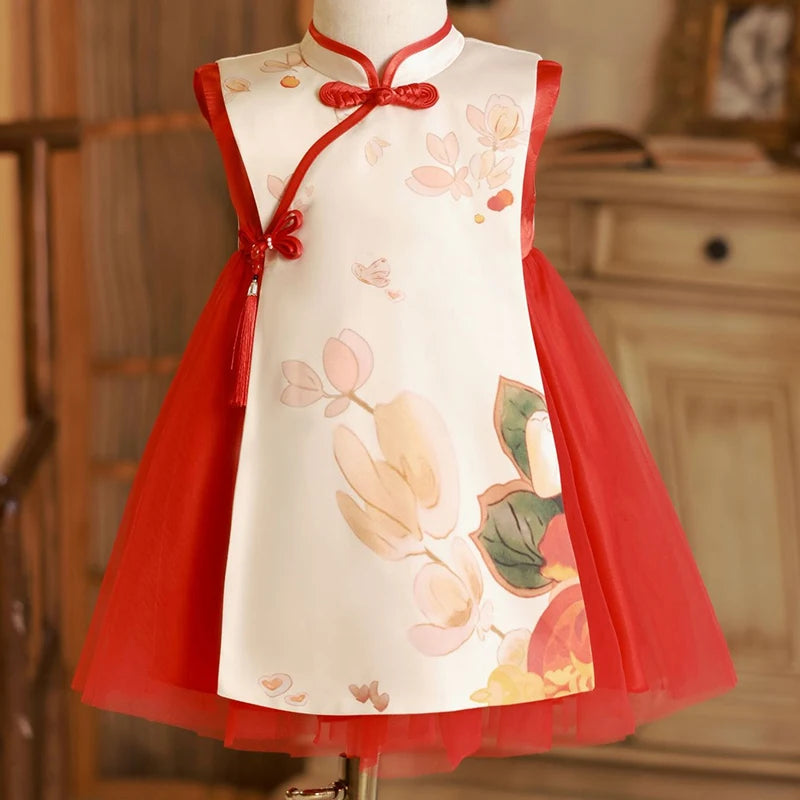 Summer Toddler Girl Clothes Chinese Style Fashion Princess Red Sleeveless Mesh Baby Dresses Luxury Birthday Kids Dress BC569