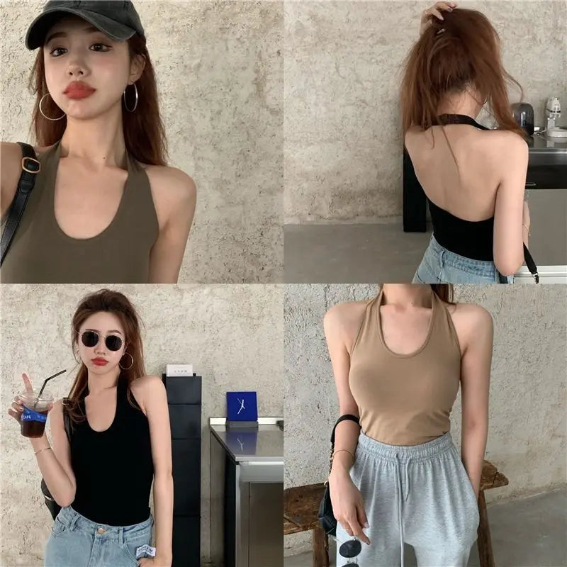 Halter Spaghetti Straps Vest for Women With Bra Padding Inner Wear Outer Wear Sexy Beauty Back Tanks Top