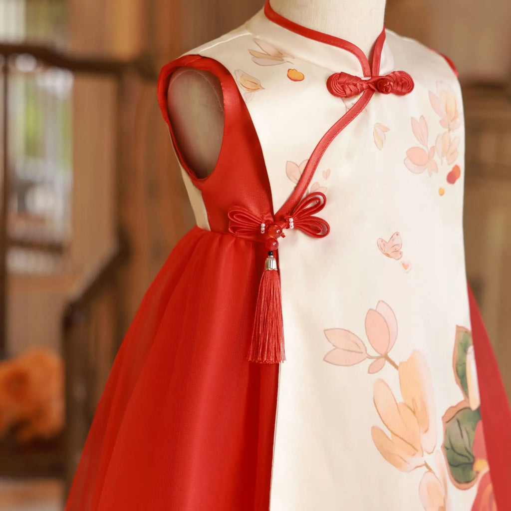 Summer Toddler Girl Clothes Chinese Style Fashion Princess Red Sleeveless Mesh Baby Dresses Luxury Birthday Kids Dress BC569