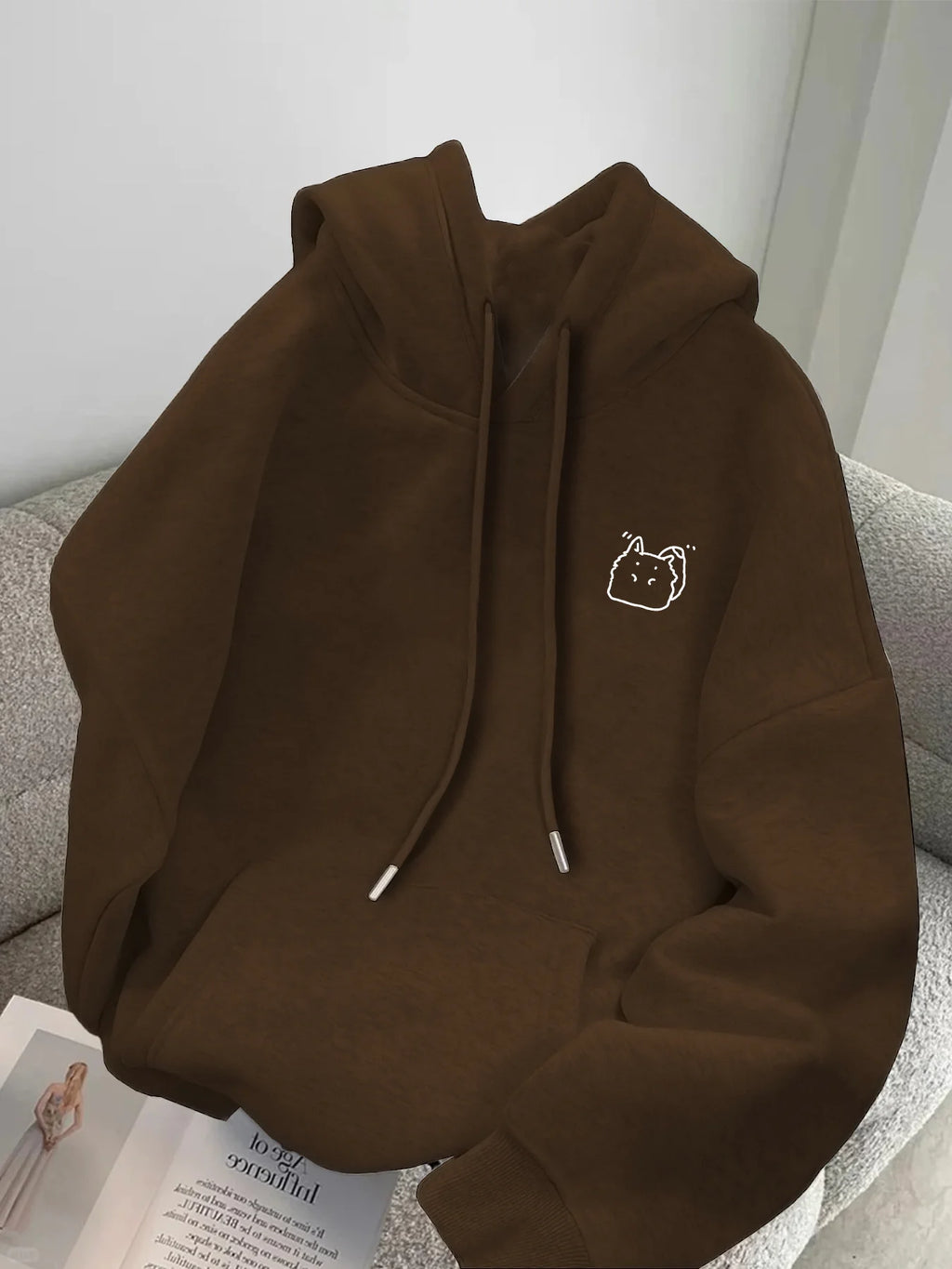 Minimalist Black Hooded Pullover, Casual Loose Sweatshirt with Front Pocket