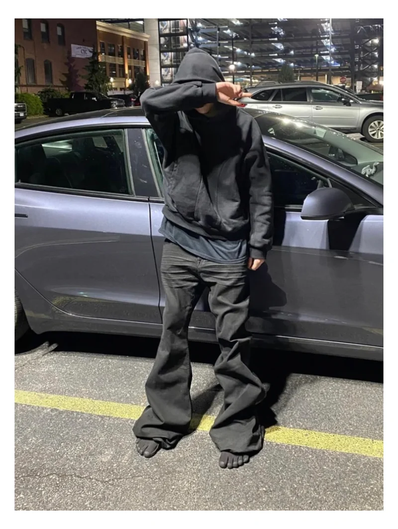 High Street RO Style Denim Pants Men's 24SS Basic Elastic Black Ribbon Loose Flared Streetwear Casual Jeans Pants Men Clothing