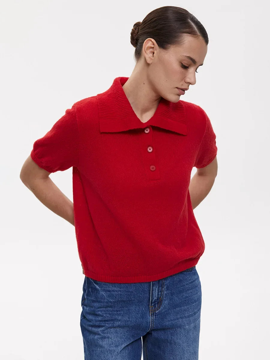 Casual Short Sleeve Knit Pullover For Women Lapel Patchwork See-Through Solid Commute Hollow Out Knitwear Sweater Pullover
