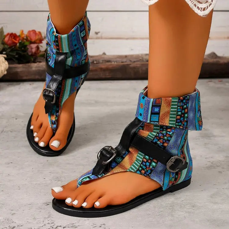Summer Women Sandals Trend New Clip Toe Roman Sandals Denim Belt Buckle Large Size High Top Flat Boots Dressy Casual Shoes Women
