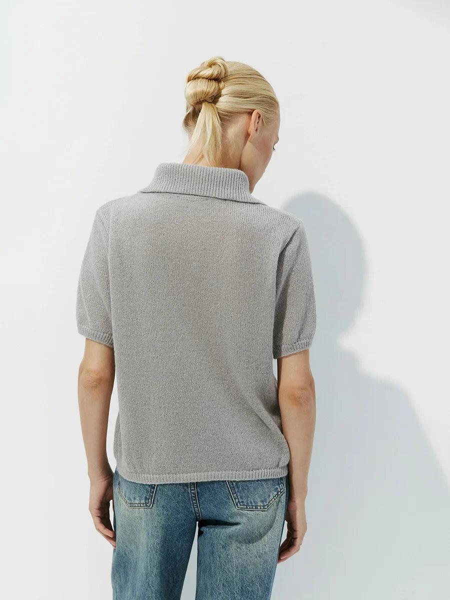 Casual Short Sleeve Knit Pullover For Women Lapel Patchwork See-Through Solid Commute Hollow Out Knitwear Sweater Pullover
