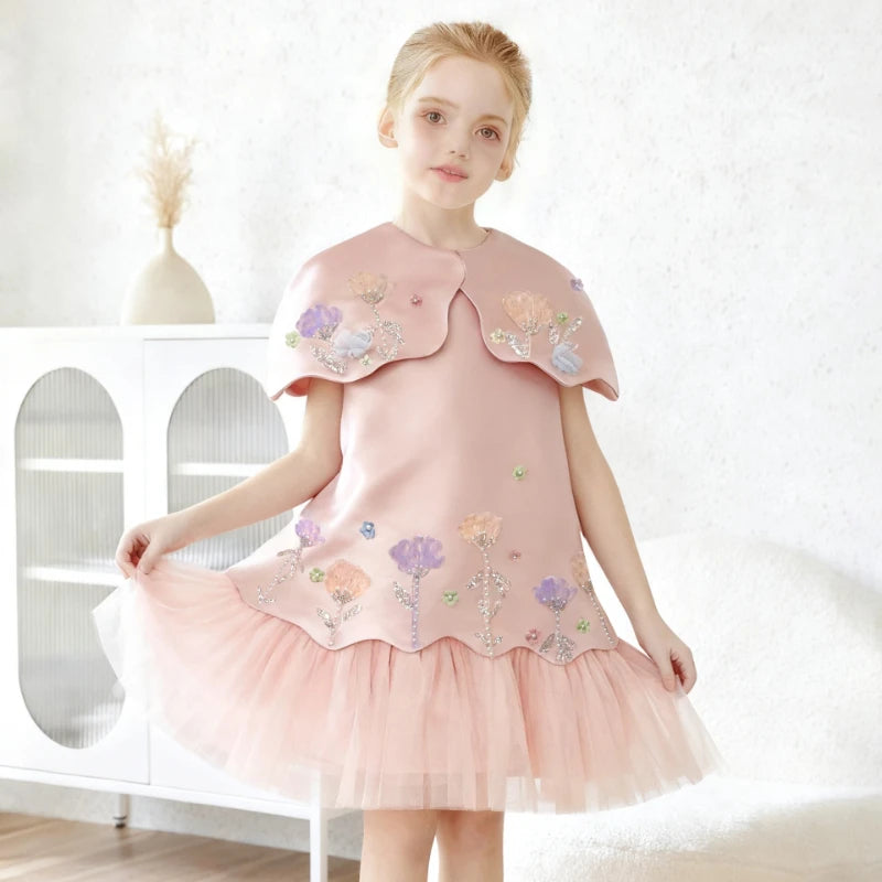 Festive Dress for Girl Baby Dresses for Eid Flowers Birthday Party Clothes Princess Formal Celebration Shawl Pink Skirt Costumes