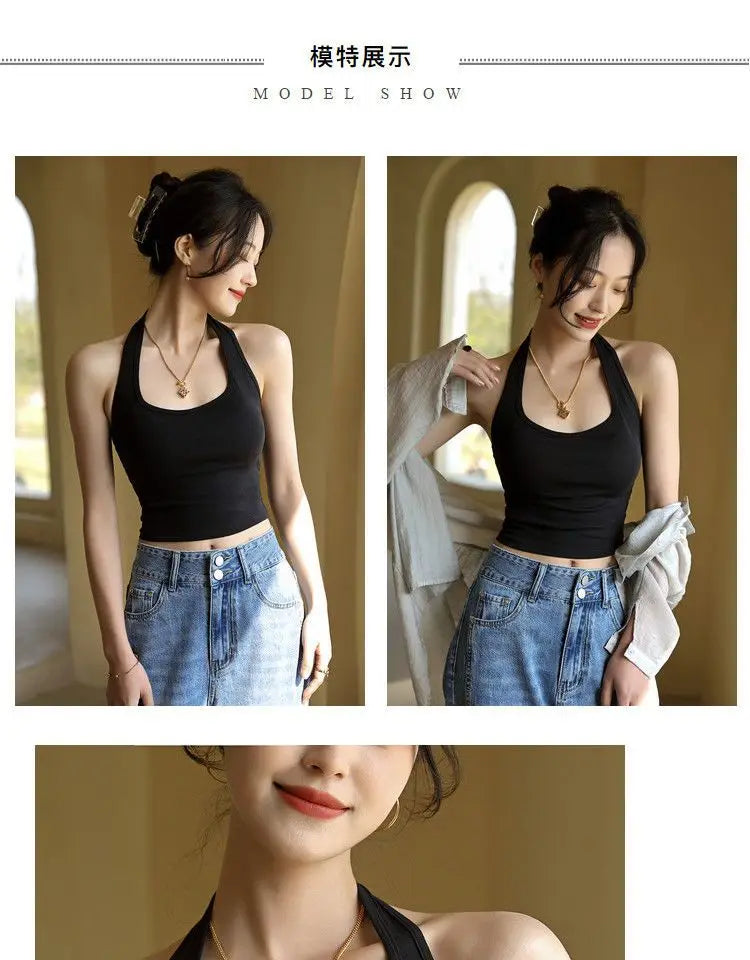 Halter Spaghetti Straps Vest for Women With Bra Padding Inner Wear Outer Wear Sexy Beauty Back Tanks Top