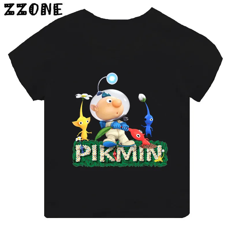 Hot Sale Video Game Pikmin 4 Print Cartoon Kids T-shirt Girls Clothes Baby Boys Black Short Sleeve T shirt Children Tops,TH5868