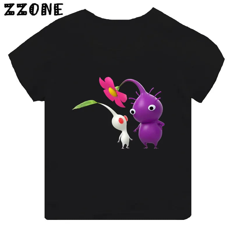 Hot Sale Video Game Pikmin 4 Print Cartoon Kids T-shirt Girls Clothes Baby Boys Black Short Sleeve T shirt Children Tops,TH5868