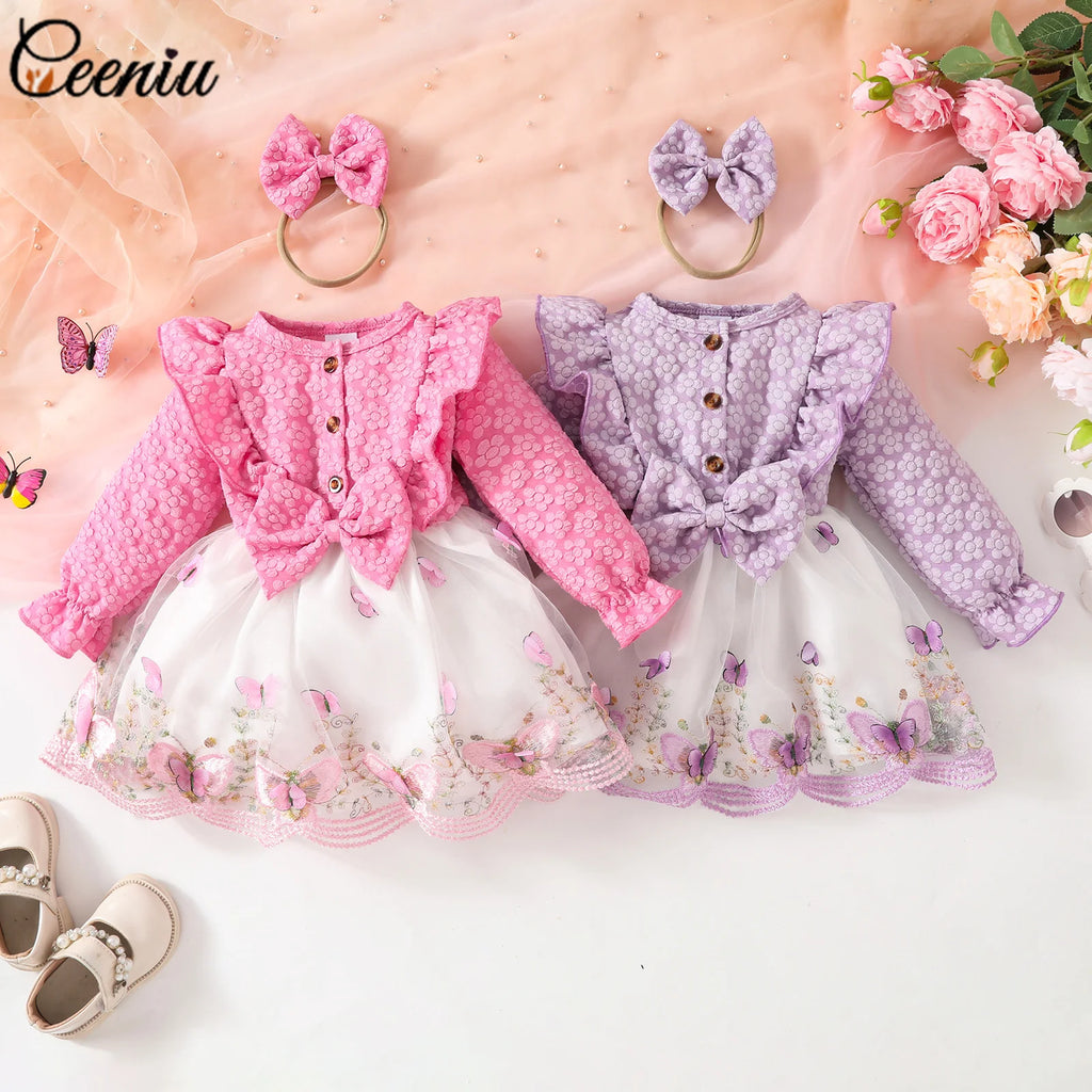 Ceeniu Baby Dresses For Birthday Long Sleeve Ruffles Bow Butterfly Party Dress For Girls 2024 Toddler Newborn Girl Clothes 2024
