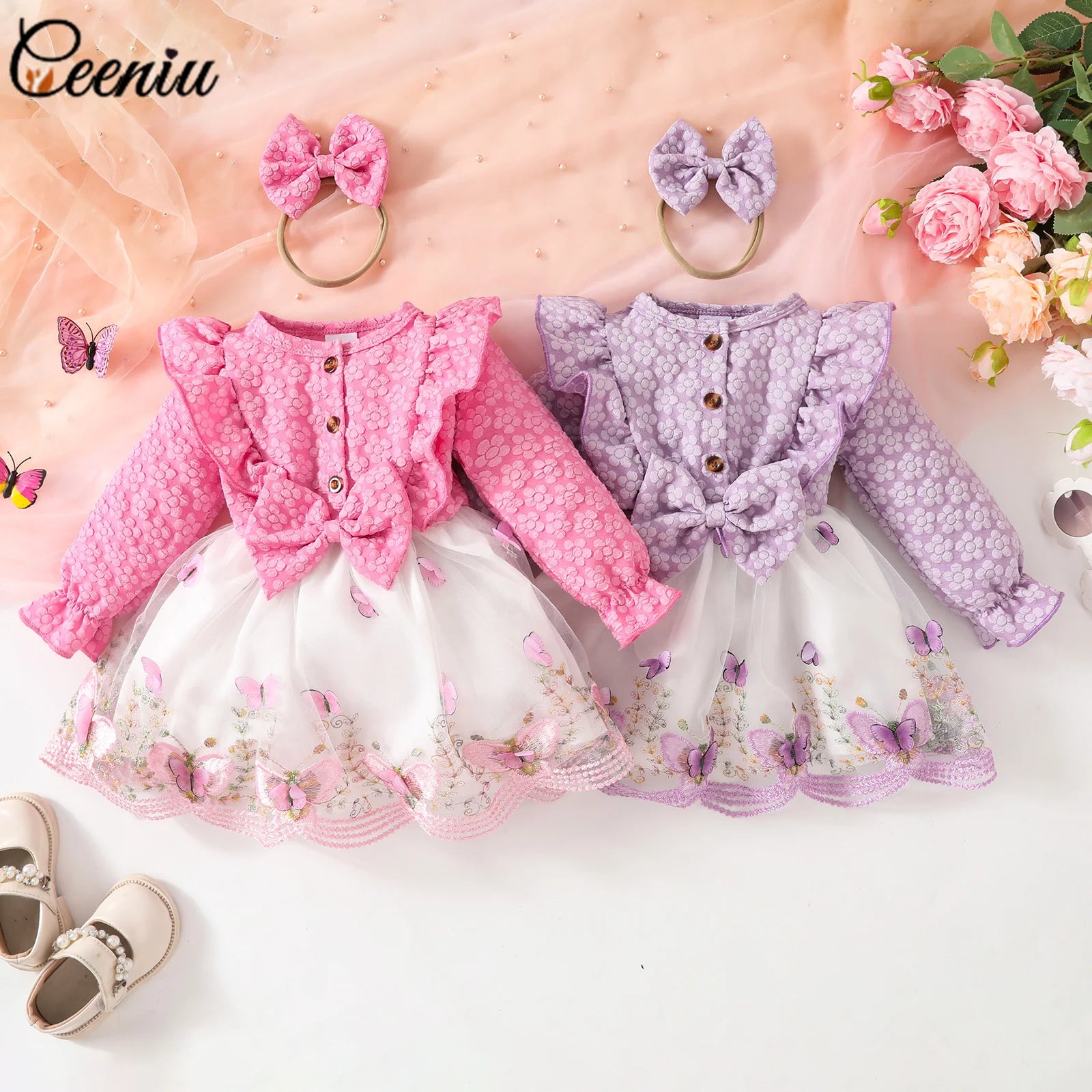 Ceeniu Baby Dresses For Birthday Long Sleeve Ruffles Bow Butterfly Party Dress For Girls 2024 Toddler Newborn Girl Clothes 2024
