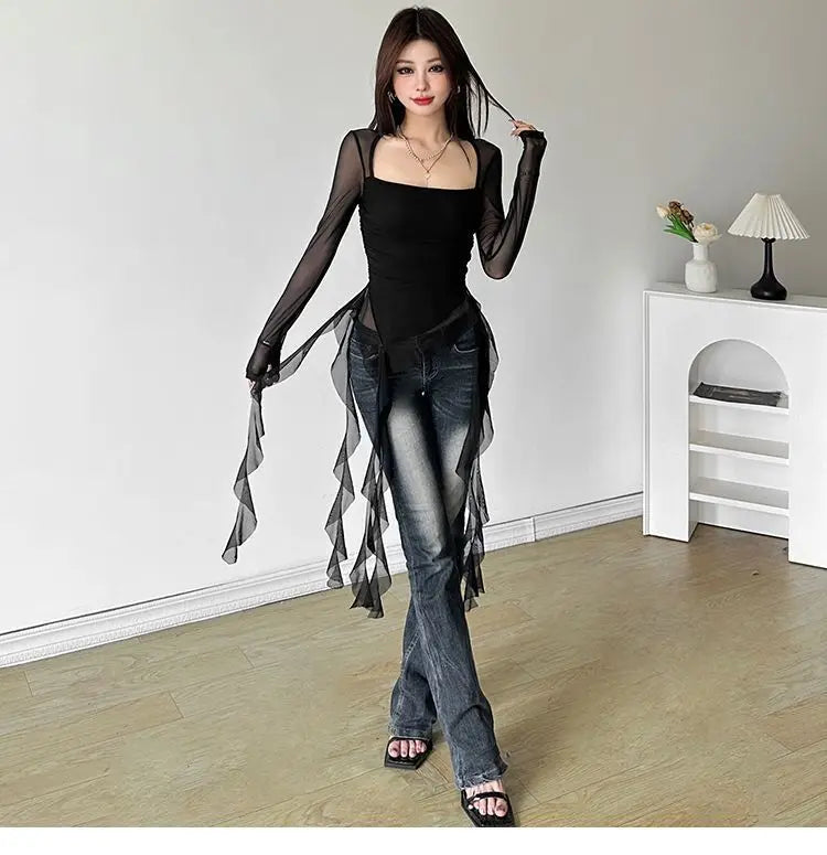Ruffle Long Sleeve Sexy T-Shirts Fashion Women Y2K Irregular Asymmetrical Korean Crop Tops Casual Sheer Mesh Autumn Chic Tees