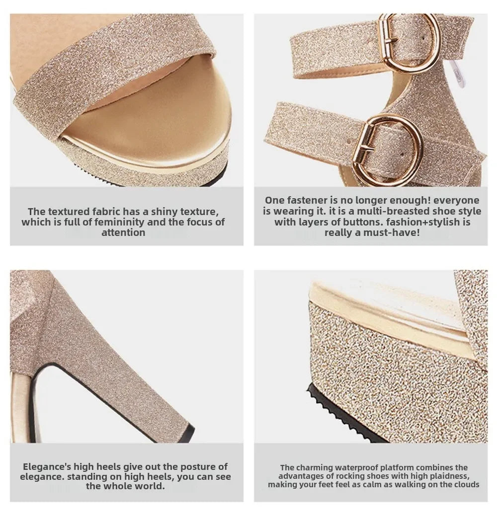 Women Sandals Summer Fashion  Fish Mouth Gold Silver High Heels Buckle Dress Party Bridal Sexy Banquet Work Platform Shoes 113