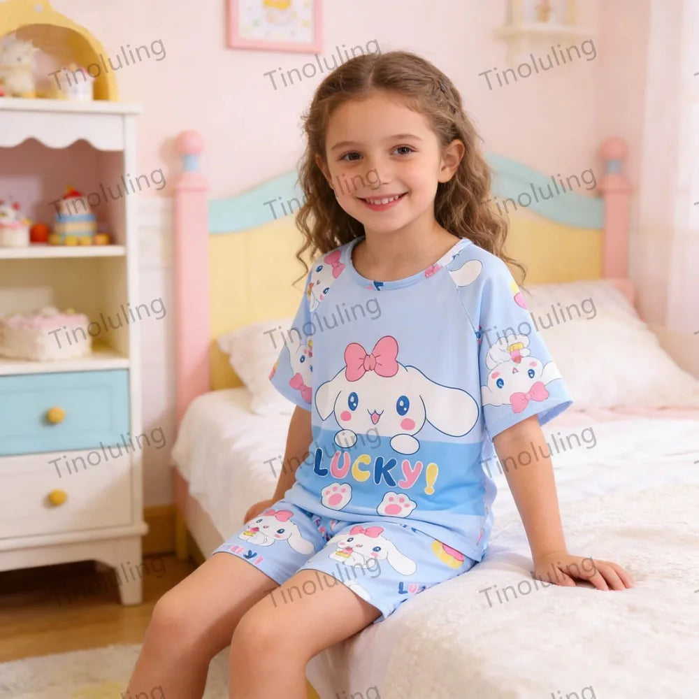 3 to 12 Years Girls Pajamas Summer Pyjamas Sets Kids Hello Kitty Cat Kuromi Tops+Short Pants Sleep Wear Little Girl Clothing