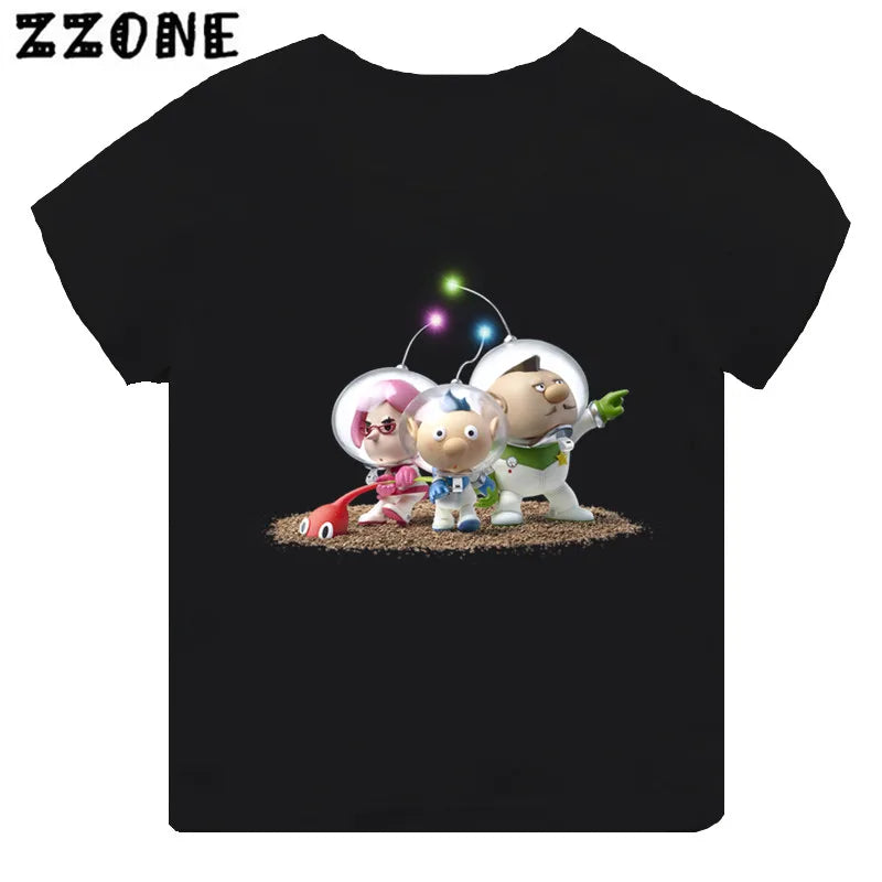 Hot Sale Video Game Pikmin 4 Print Cartoon Kids T-shirt Girls Clothes Baby Boys Black Short Sleeve T shirt Children Tops,TH5868
