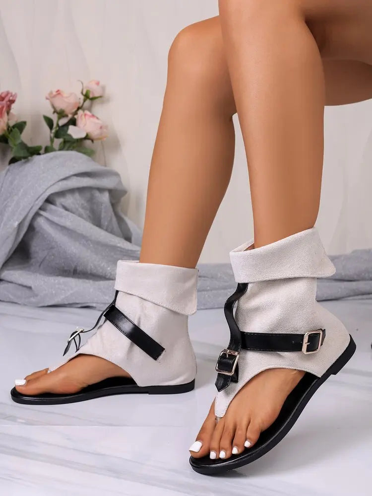 Summer Women Sandals Trend New Clip Toe Roman Sandals Denim Belt Buckle Large Size High Top Flat Boots Dressy Casual Shoes Women