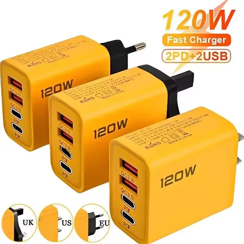 4 Ports 120W Charger USB C PD Quick Charge 3.0 Type C USB Phone Chargers Super Fast Charging Adapter For iPhone Samsung Xiaomi