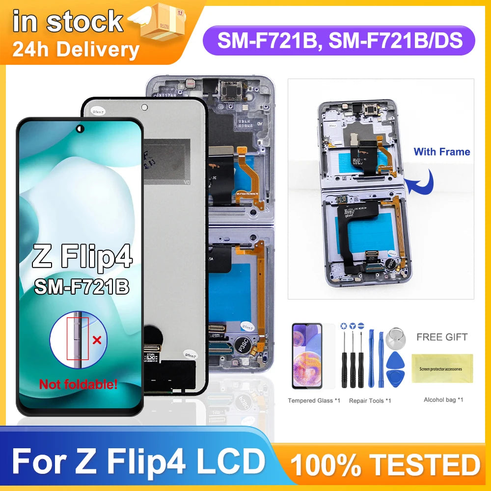 100% For Samsung Z Flip 4 5G F721B F721W LCD Display Touch Screen Digitizer Assembly For Samsung Z Flip 4 Screen Replacement