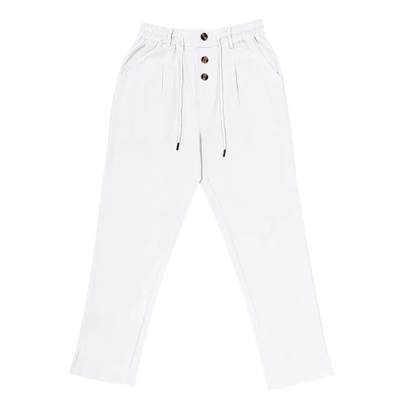 Men's Linen Pants Men's Lightweight Linen Blend Pants Jogging Men Casual Trousers with Button Design Basic Beach Vacation