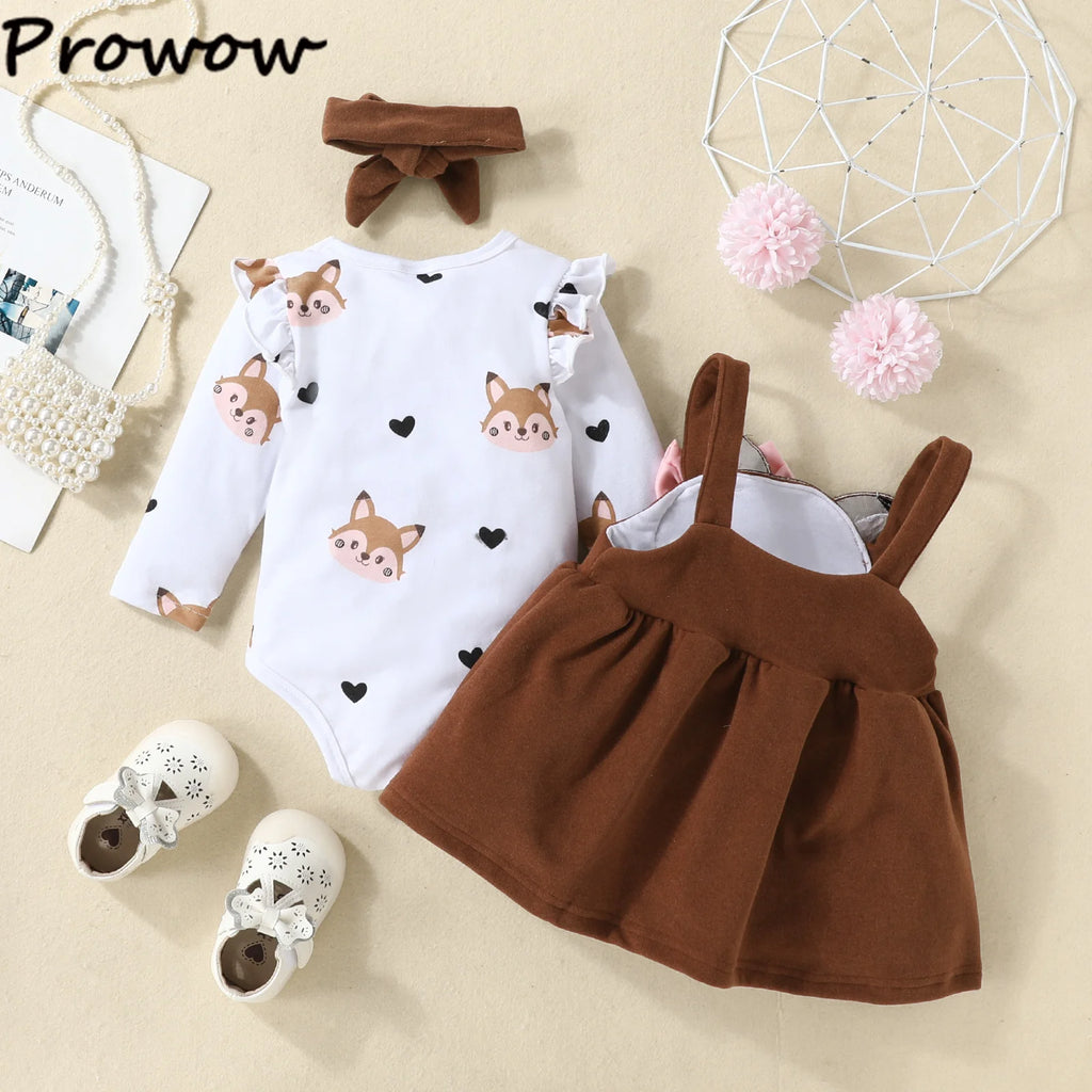 Prowow Cute Fox Baby Dresses For Girls Heart Print Romper+Suspender Fox Dress For Girls Fall Winter Newborn Baby Girl Clothes