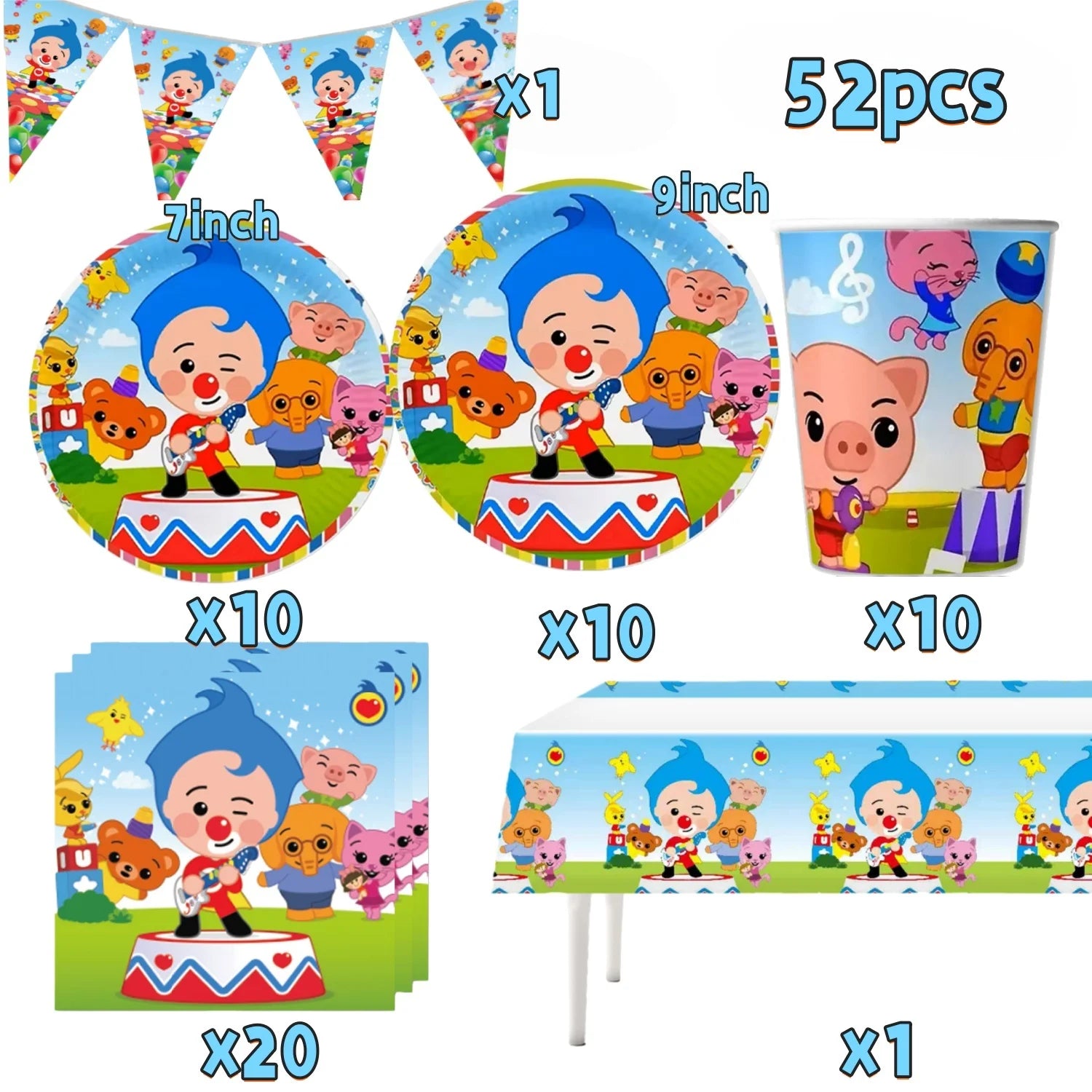 Catoon Clown Birthday Party Decoration Cute Tableware Cup Plate Balloon Banner Backdrop Gift Bag Favors for Kids Baby Supplies
