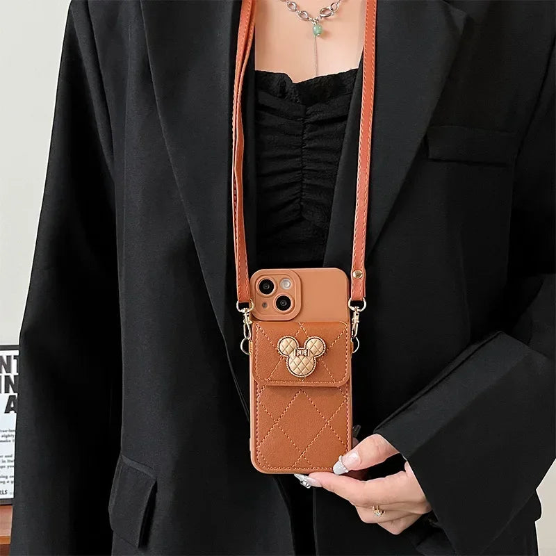 Cartoon Diamond Leather Wallet Case for iPhone 17 16 14 13 11 12 15 Pro Max Plus XS X 16E Card Holder Crossbody Lanyard Cover