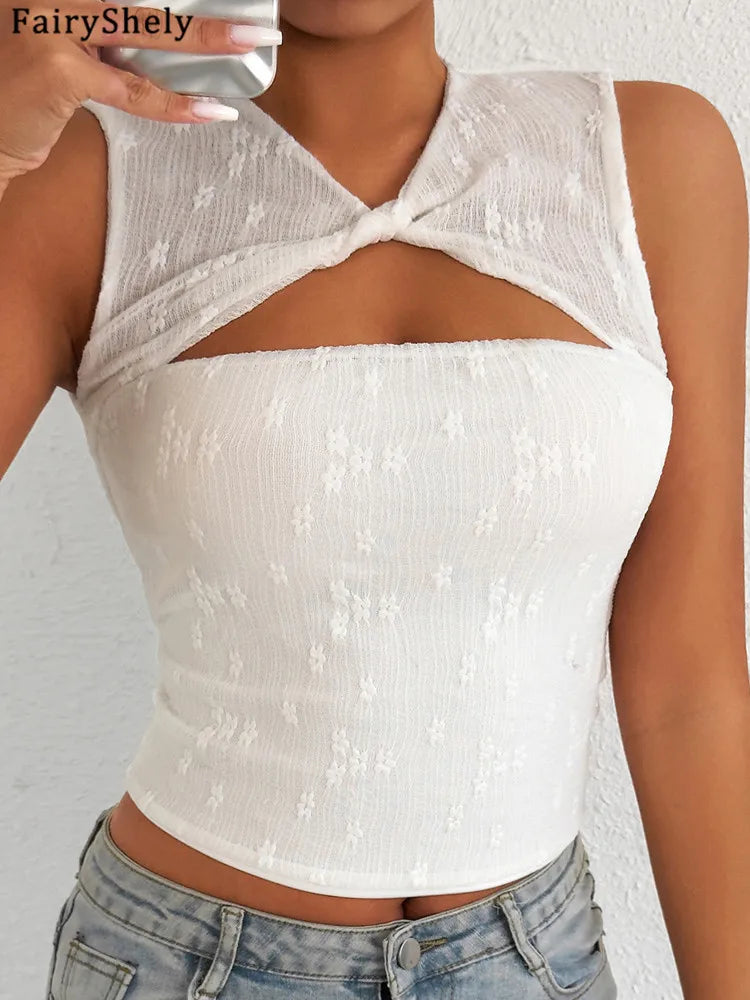 Fairyshely 2026 Sexy Summer Sleeveless Short Lace Top Women Hollow Bodycon Crop Tops Lady Solid Off Shoulder Club Party Clothes