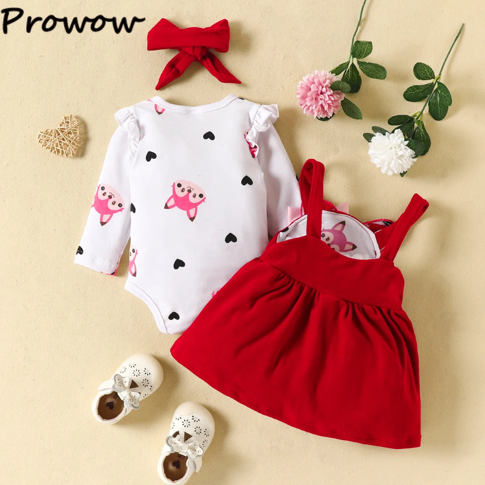 Prowow Cute Fox Baby Dresses For Girls Heart Print Romper+Suspender Fox Dress For Girls Fall Winter Newborn Baby Girl Clothes