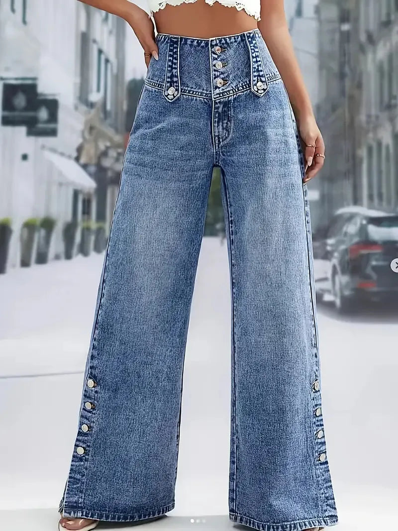 2026 Casual Jeans Pant Pantalones High Waist Wide Leg Trouser Women's Clothing Retro Street Style All-match Buttons Slit Fashion