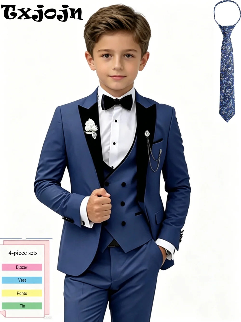 Navy Boys Formal Suits 4 Pieces Wedding Ring Bearer Outfit Classic Peak Lapel Kids Suit Set For Birthday Party Plus Size Tuxedo