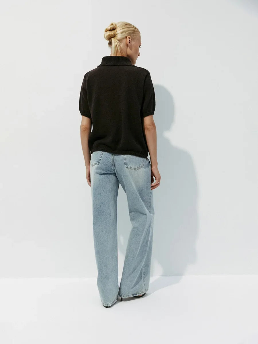 Casual Short Sleeve Knit Pullover For Women Lapel Patchwork See-Through Solid Commute Hollow Out Knitwear Sweater Pullover