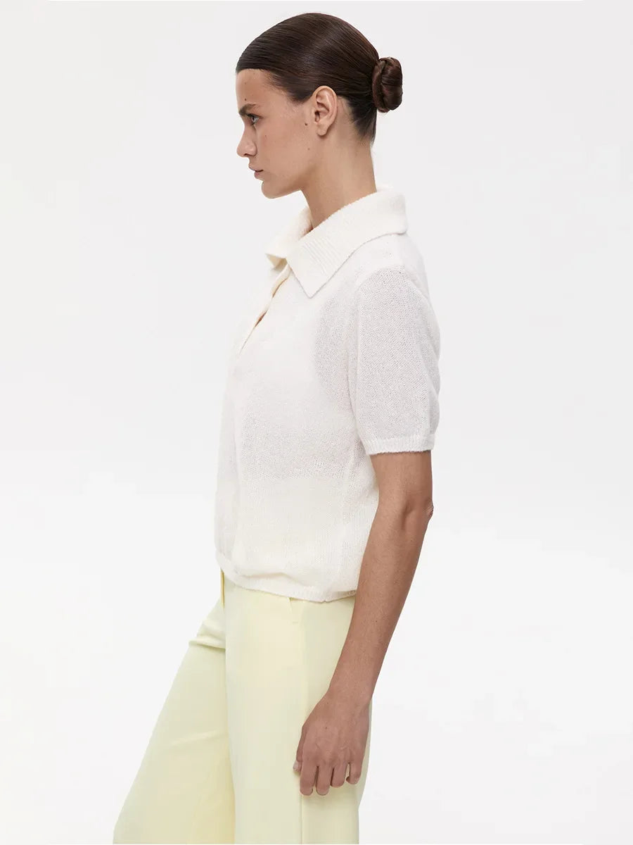 Casual Short Sleeve Knit Pullover For Women Lapel Patchwork See-Through Solid Commute Hollow Out Knitwear Sweater Pullover