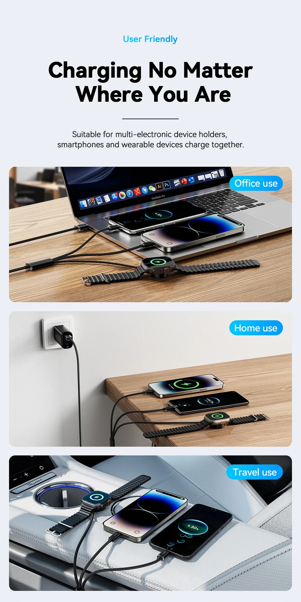 Essager 3 in 1 Multi USB A Charging Cable for Apple iWatch iPhone 16/15/14/13 Pro With USB Type C Lightning Fast Charging Cable