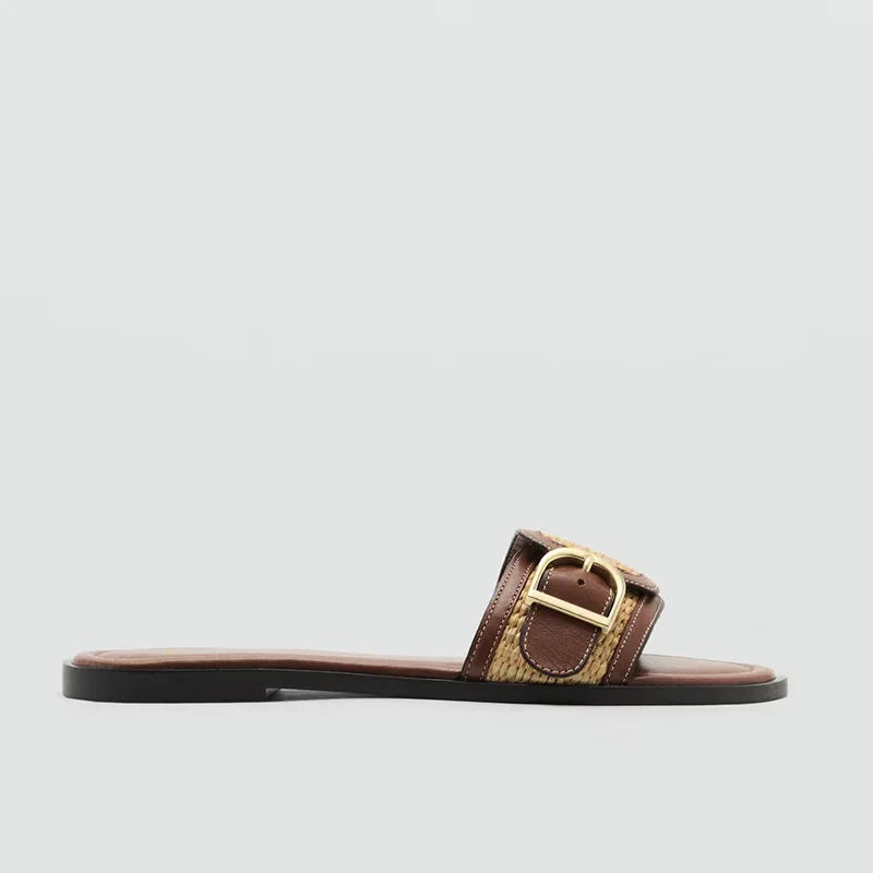 Summer Weave Beach Sandals Women Designer Brand Metal Buckle Design Flat Slippers Ladies Fashion Concise Peep Toe Slides Sandals