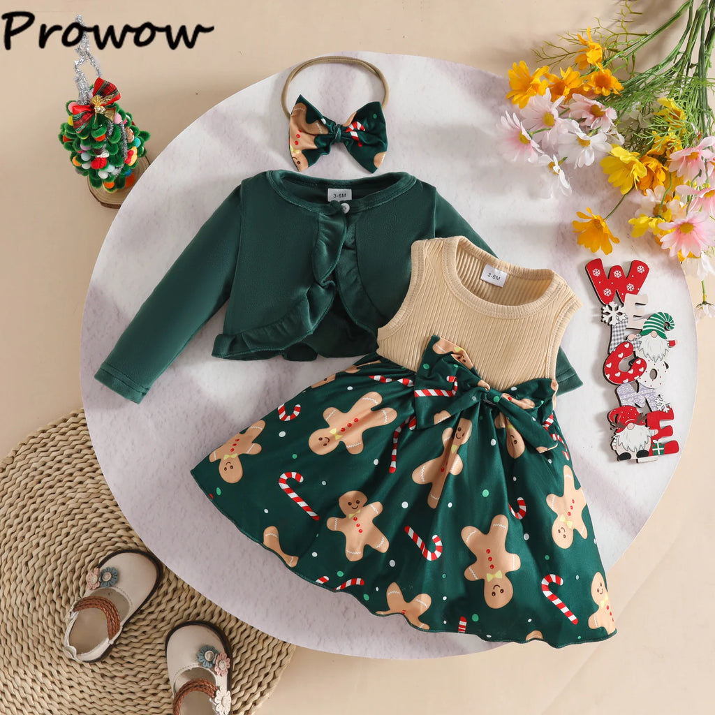 Prowow 0-3Y New Year Baby Dresses Green Velvet Coat Cardigan+Gingerbread Man Dress For Newborns My First Christmas Baby Clothes