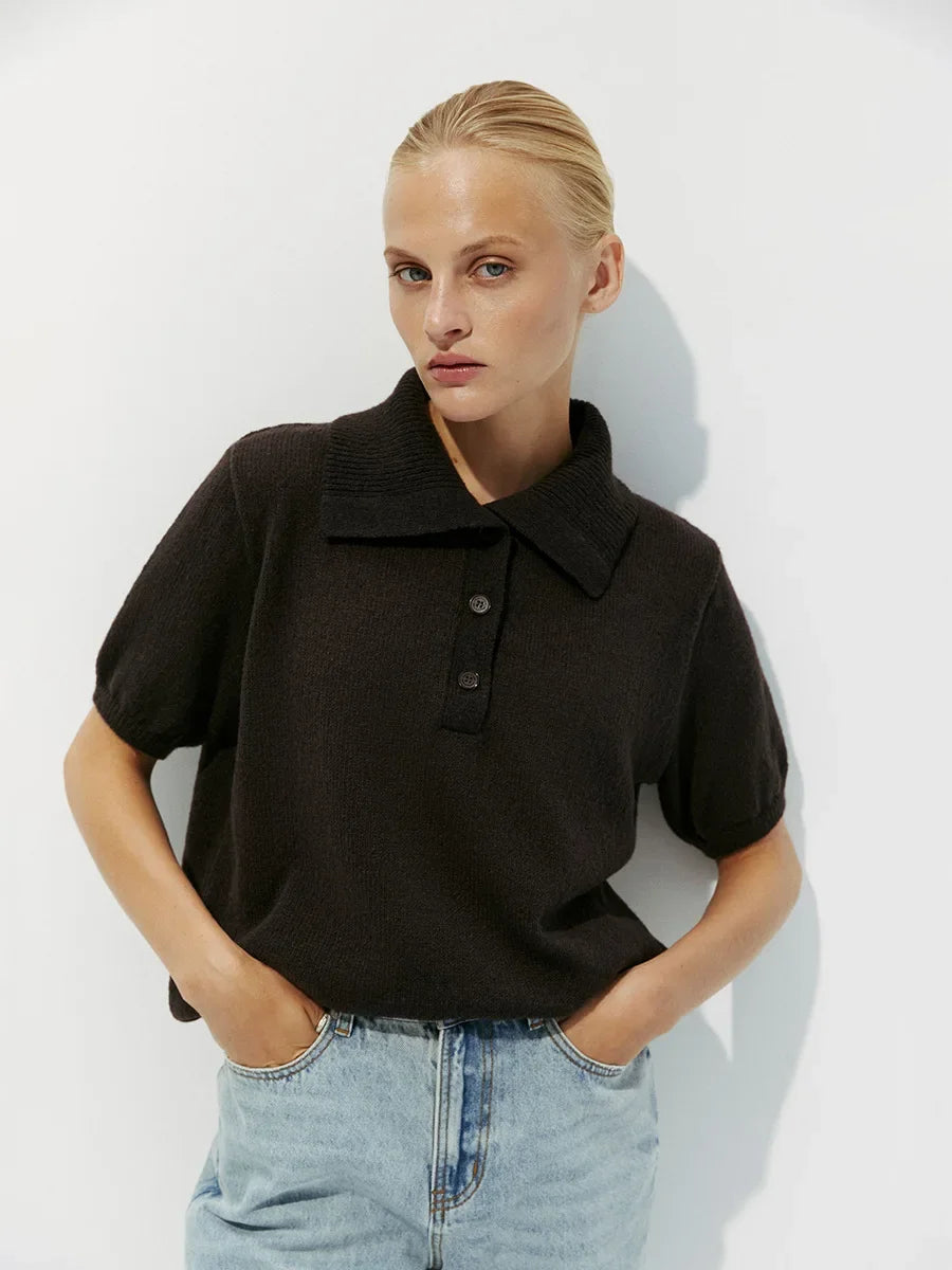 Casual Short Sleeve Knit Pullover For Women Lapel Patchwork See-Through Solid Commute Hollow Out Knitwear Sweater Pullover