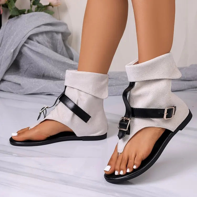Summer Women Sandals Trend New Clip Toe Roman Sandals Denim Belt Buckle Large Size High Top Flat Boots Dressy Casual Shoes Women